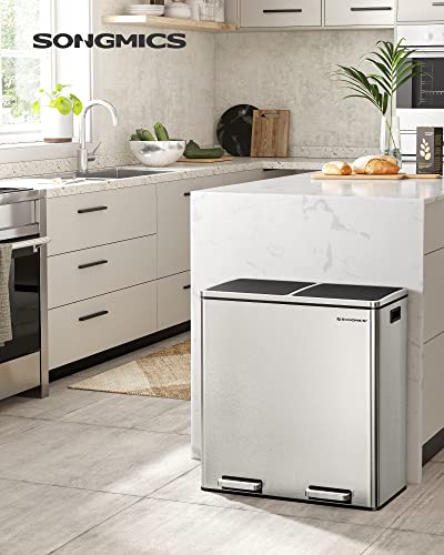 SONGMICS Trash Can, 2 x 8 Gallon (2 x 30 L) Garbage Can for Kitchen, with 15 Trash Bags, 2 Compartments, Plastic Inner Buckets and Hinged Lids, Airtight, Silver and Black ULTB60NL - My Kitchen Products