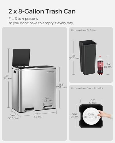 SONGMICS Trash Can, 2 x 8 Gallon (2 x 30 L) Garbage Can for Kitchen, with 15 Trash Bags, 2 Compartments, Plastic Inner Buckets and Hinged Lids, Airtight, Silver and Black ULTB60NL - My Kitchen Products