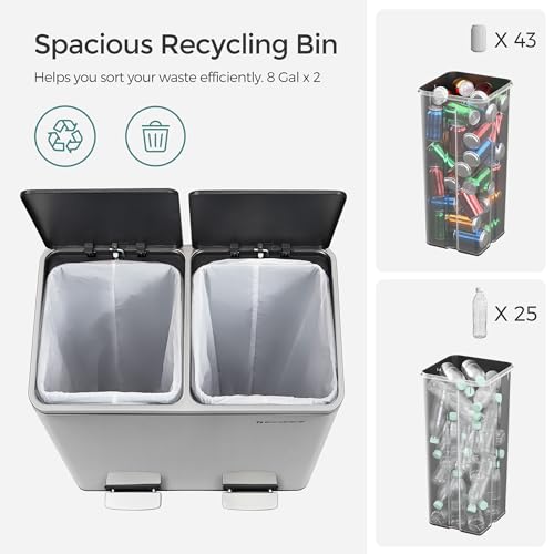 SONGMICS Trash Can, 2 x 8 Gallon (2 x 30 L) Garbage Can for Kitchen, with 15 Trash Bags, 2 Compartments, Plastic Inner Buckets and Hinged Lids, Airtight, Silver and Black ULTB60NL - My Kitchen Products