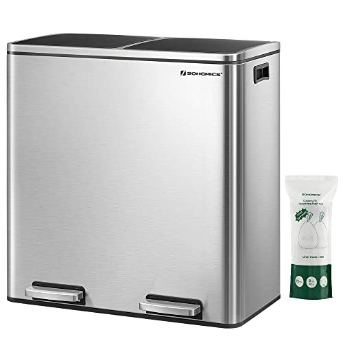 SONGMICS Trash Can, 2 x 8 Gallon (2 x 30 L) Garbage Can for Kitchen, with 15 Trash Bags, 2 Compartments, Plastic Inner Buckets and Hinged Lids, Airtight, Silver and Black ULTB60NL - My Kitchen Products