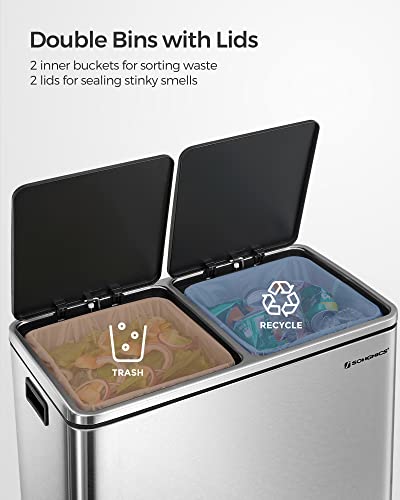 SONGMICS Trash Can, 2 x 8 Gallon (2 x 30 L) Garbage Can for Kitchen, with 15 Trash Bags, 2 Compartments, Plastic Inner Buckets and Hinged Lids, Airtight, Silver and Black ULTB60NL - My Kitchen Products