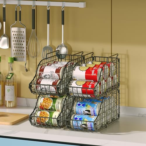 Sonyabecca 4-Pack Stackable Canned Food Organizer with Handles, Soda Can Organizer for Kitchen Pantry Shelves, Foldable Wire Cabinet Shelf for Can Storage, Patent Pending, Black - My Kitchen Products