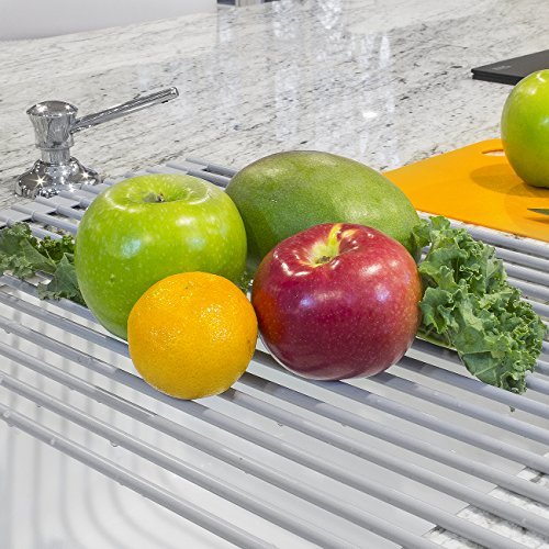 Sorbus Roll-Up Dish Drying Rack [Large 20.5'' X 13"] Over The Sink Drying Mat,- Multipurpose Dish Drainer - Fruits and Vegetable Rinser - Durable Silicone Covered Stainless Steel (Warm Gray) - My Kitchen Products