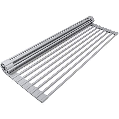 Sorbus Roll-Up Dish Drying Rack [Large 20.5'' X 13"] Over The Sink Drying Mat,- Multipurpose Dish Drainer - Fruits and Vegetable Rinser - Durable Silicone Covered Stainless Steel (Warm Gray) - My Kitchen Products