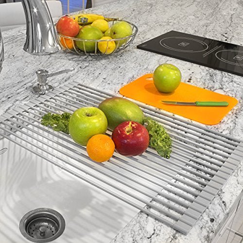 Sorbus Roll-Up Dish Drying Rack [Large 20.5'' X 13"] Over The Sink Drying Mat,- Multipurpose Dish Drainer - Fruits and Vegetable Rinser - Durable Silicone Covered Stainless Steel (Warm Gray) - My Kitchen Products