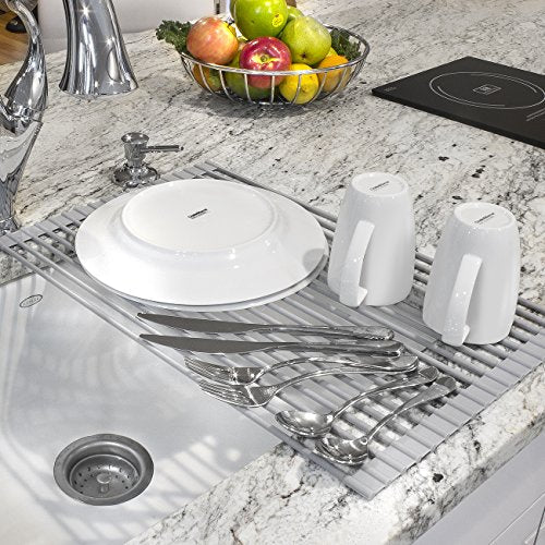 Sorbus Roll-Up Dish Drying Rack [Large 20.5'' X 13"] Over The Sink Drying Mat,- Multipurpose Dish Drainer - Fruits and Vegetable Rinser - Durable Silicone Covered Stainless Steel (Warm Gray) - My Kitchen Products