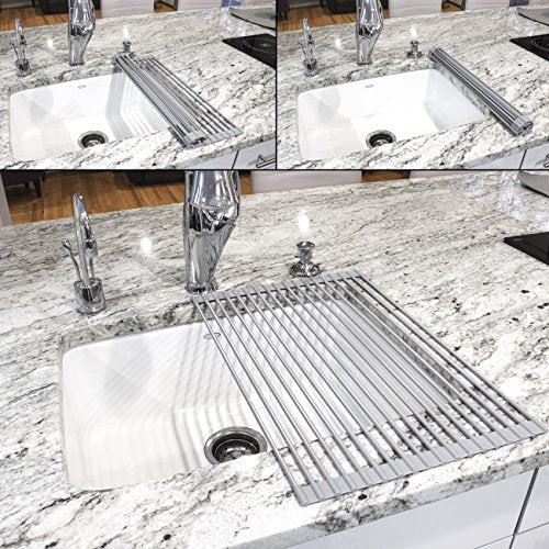 Sorbus Roll-Up Dish Drying Rack [Large 20.5'' X 13"] Over The Sink Drying Mat,- Multipurpose Dish Drainer - Fruits and Vegetable Rinser - Durable Silicone Covered Stainless Steel (Warm Gray) - My Kitchen Products