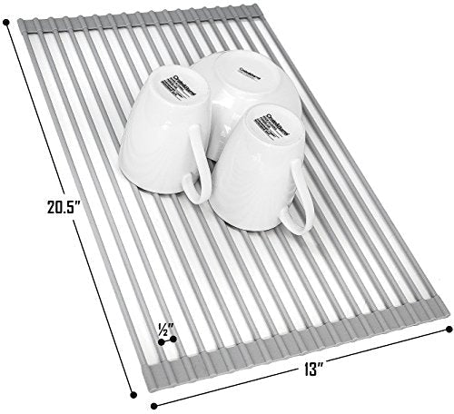 Sorbus Roll-Up Dish Drying Rack [Large 20.5'' X 13"] Over The Sink Drying Mat,- Multipurpose Dish Drainer - Fruits and Vegetable Rinser - Durable Silicone Covered Stainless Steel (Warm Gray) - My Kitchen Products