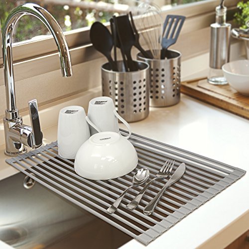Sorbus Roll-Up Dish Drying Rack [Large 20.5'' X 13"] Over The Sink Drying Mat,- Multipurpose Dish Drainer - Fruits and Vegetable Rinser - Durable Silicone Covered Stainless Steel (Warm Gray) - My Kitchen Products