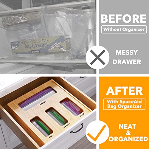 SpaceAid Bag Storage Organizer for Kitchen Drawer, Bamboo Organizer, Compatible with Gallon, Quart, Sandwich and Snack Variety Size Bag (1 Box 4 Slots) - My Kitchen Products