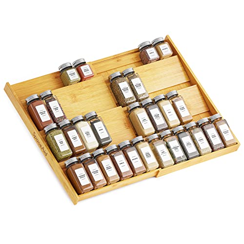 SpaceAid Bamboo Spice Drawer Organizer, (Need 3" Deep Drawer) Expandable 4 Tier Spices Rack for Cabinet, Kitchen Seasoning Storage Insert (Jars Not Included, From 12" to 23" Wide) - My Kitchen Products