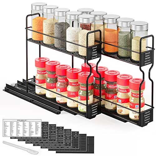 SpaceAid Pull Out Spice Rack Organizer for Cabinet, Heavy Duty Slide Out Seasoning Kitchen Organizer, Cabinet Organizer, with Labels, 5.2" W x10.75 D x10 H, 2 Drawers 2-Tier - My Kitchen Products