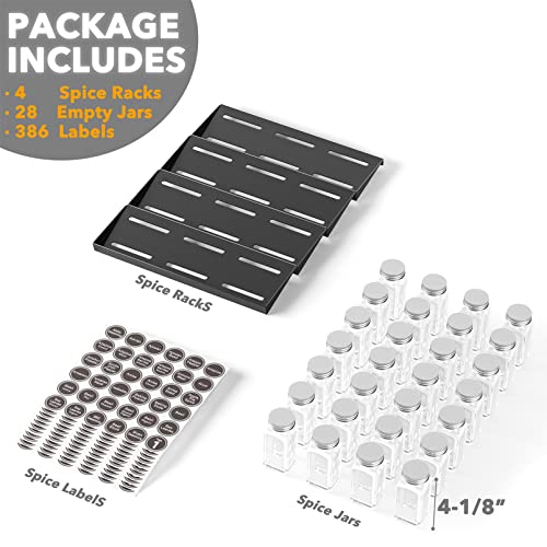 SpaceAid Spice Drawer Organizer with 28 Spice Jars, 386 Spice Labels, 4 Tier Seasoning Rack Tray Insert for Kitchen Drawers, 13" Wide x 17.5" Deep - My Kitchen Products