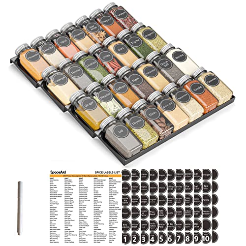 SpaceAid Spice Drawer Organizer with 28 Spice Jars, 386 Spice Labels, 4 Tier Seasoning Rack Tray Insert for Kitchen Drawers, 13" Wide x 17.5" Deep - My Kitchen Products
