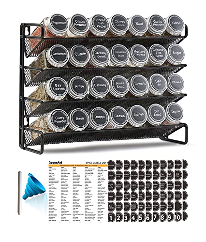 SpaceAid Spice Rack Organizer with 28 Spice Jars, 386 Spice Labels, Chalk Marker and Funnel Set for Cabinet, Countertop, Pantry, Cupboard or Door & Wall Mount - 28 Jars, 13.4" W × 10.8" H, Black - My Kitchen Products