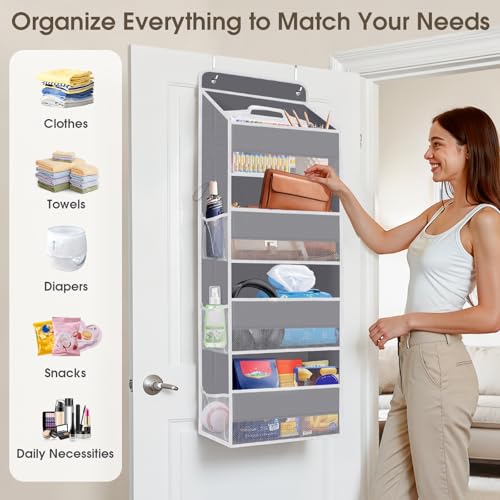 SpaceHacks 1 Pack Over The Door Organizer, Hanging Storage Organizer with Clear Window, 40lb Ultra Sturdy Large Capacity Room Organizer for Pantry Laundry Bathroom Nursery Closet Baby Essential (Grey) - My Kitchen Products