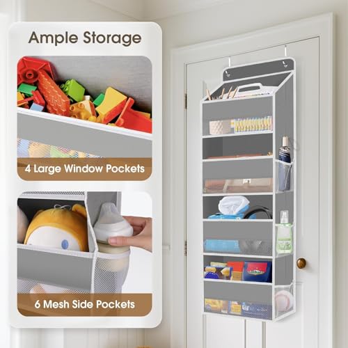 SpaceHacks 1 Pack Over The Door Organizer, Hanging Storage Organizer with Clear Window, 40lb Ultra Sturdy Large Capacity Room Organizer for Pantry Laundry Bathroom Nursery Closet Baby Essential (Grey) - My Kitchen Products