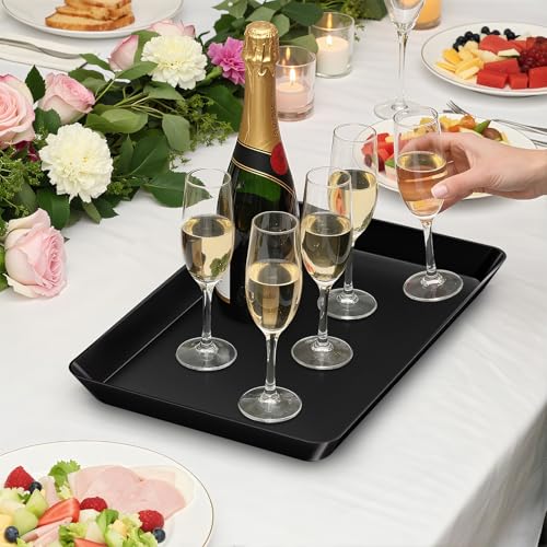 SpaceTrove 4-Pack Serving Tray Set, Reusable Plastic Serving Platter for Party Supplies, Entertaining, Grilling Accessories, Stackable Kitchen Snack Box Container for Dessert, Fruit, Cookie, (Black) - My Kitchen Products
