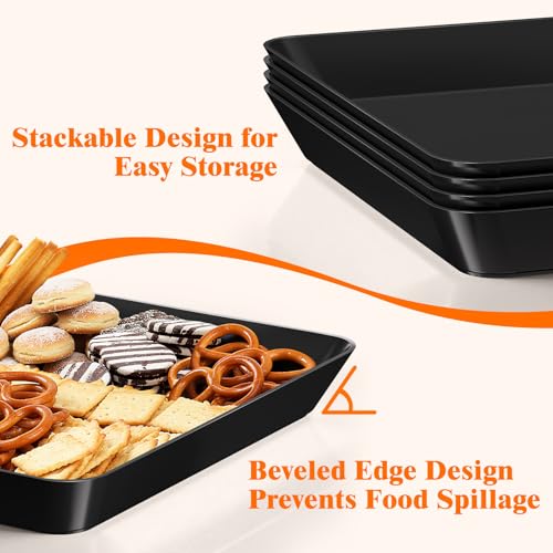 SpaceTrove 4-Pack Serving Tray Set, Reusable Plastic Serving Platter for Party Supplies, Entertaining, Grilling Accessories, Stackable Kitchen Snack Box Container for Dessert, Fruit, Cookie, (Black) - My Kitchen Products