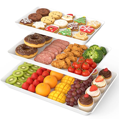 SpaceWhisper 3 Pack Serving Tray, White Rectangular Appetizer Platters for Party, Catering