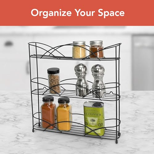 Spectrum 3 Tier Spice Rack Organizer Black Countertop Wire Shelf Spice Rack for Modern Kitchen Pantry Cabinet, Organize Spices with Three Tier Spice Shelf for Kitchen Storage with Wall Mount Option - My Kitchen Products