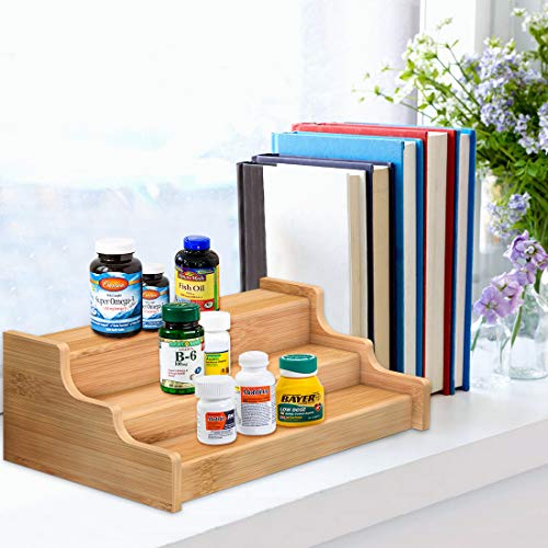 Spice Rack Kitchen Cabinet Organizer- 3 Tier Bamboo Expandable Display Shelf Yellow - My Kitchen Products