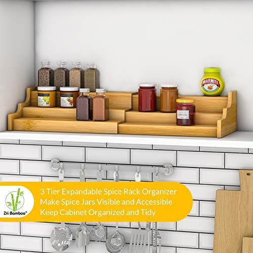 Spice Rack Kitchen Cabinet Organizer- 3 Tier Bamboo Expandable Display Shelf Yellow - My Kitchen Products