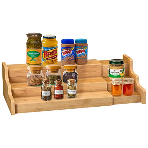 Spice Rack Kitchen Cabinet Organizer- 3 Tier Bamboo Expandable Display Shelf Yellow - My Kitchen Products