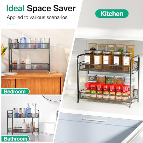 Spice Rack Organizer for Countertop,Xpatee 2-Tier Foldable Metal Rust-Proof Standing Large Seasoning Storage Shelf with Guardrail and Mesh Design for Kitchen Cabinet Bathroom Living Room Pantry, Black - My Kitchen Products