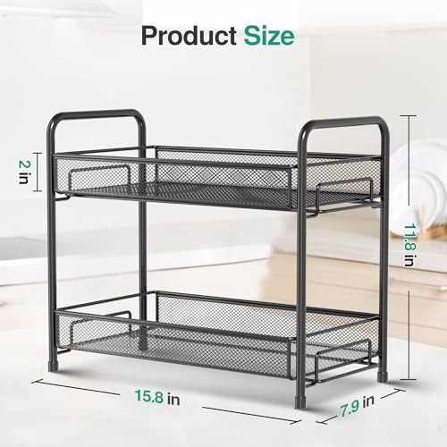 Spice Rack Organizer for Countertop,Xpatee 2-Tier Foldable Metal Rust-Proof Standing Large Seasoning Storage Shelf with Guardrail and Mesh Design for Kitchen Cabinet Bathroom Living Room Pantry, Black - My Kitchen Products