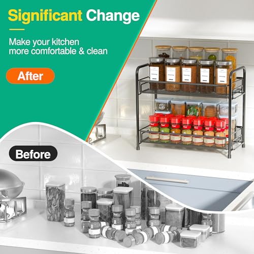 Spice Rack Organizer for Countertop,Xpatee 2-Tier Foldable Metal Rust-Proof Standing Large Seasoning Storage Shelf with Guardrail and Mesh Design for Kitchen Cabinet Bathroom Living Room Pantry, Black - My Kitchen Products