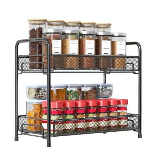Spice Rack Organizer for Countertop,Xpatee 2-Tier Foldable Metal Rust-Proof Standing Large Seasoning Storage Shelf with Guardrail and Mesh Design for Kitchen Cabinet Bathroom Living Room Pantry, Black - My Kitchen Products