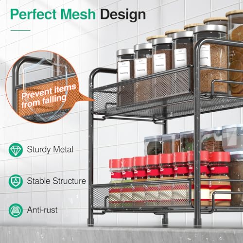 Spice Rack Organizer for Countertop,Xpatee 2-Tier Foldable Metal Rust-Proof Standing Large Seasoning Storage Shelf with Guardrail and Mesh Design for Kitchen Cabinet Bathroom Living Room Pantry, Black - My Kitchen Products