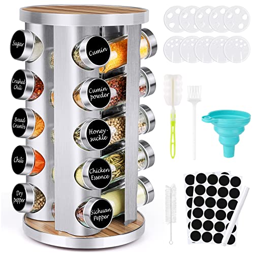 Spice Rack Organizer with Jars for Cabinet (20Pcs) Revolving/Rotating Seasoning Organizer, Stainless Steel/Wooden Countertop Rack Tower Organizer for Kitchen Pantry with Reusable Labels/Funnel/Brushes - My Kitchen Products
