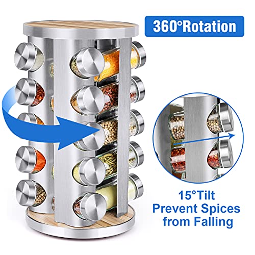 Spice Rack Organizer with Jars for Cabinet (20Pcs) Revolving/Rotating Seasoning Organizer, Stainless Steel/Wooden Countertop Rack Tower Organizer for Kitchen Pantry with Reusable Labels/Funnel/Brushes - My Kitchen Products