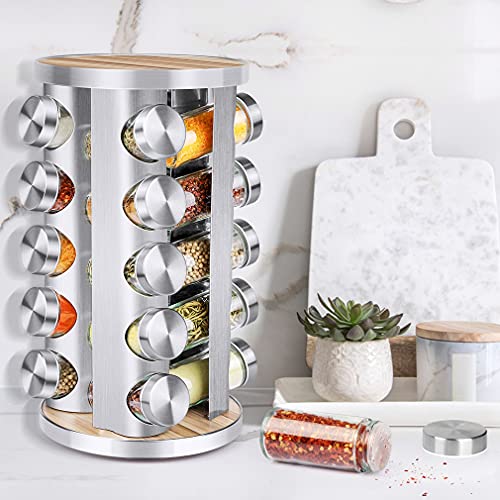 Spice Rack Organizer with Jars for Cabinet (20Pcs) Revolving/Rotating Seasoning Organizer, Stainless Steel/Wooden Countertop Rack Tower Organizer for Kitchen Pantry with Reusable Labels/Funnel/Brushes - My Kitchen Products