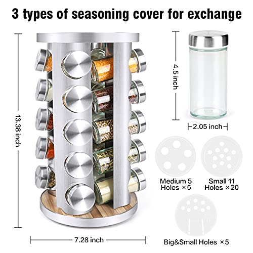Spice Rack Organizer with Jars for Cabinet (20Pcs) Revolving/Rotating Seasoning Organizer, Stainless Steel/Wooden Countertop Rack Tower Organizer for Kitchen Pantry with Reusable Labels/Funnel/Brushes - My Kitchen Products
