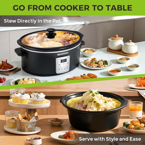 SpoonLemon 7 Quart Digital Slow Cooker with Programmable Timer, Auto Keep Warm, High Low Warm Settings, Removable Dishwasher-Safe Nonstick Pot for Easy Cleanup, with 20 Count Slow Cooker Liners - My Kitchen Products