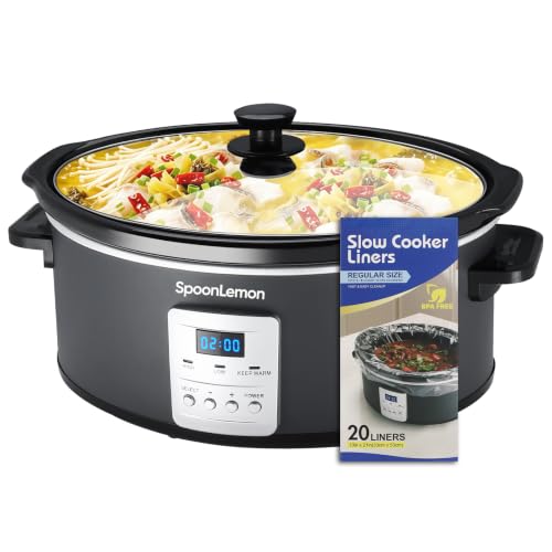 SpoonLemon 7 Quart Digital Slow Cooker with Programmable Timer, Auto Keep Warm, High Low Warm Settings, Removable Dishwasher-Safe Nonstick Pot for Easy Cleanup, with 20 Count Slow Cooker Liners - My Kitchen Products