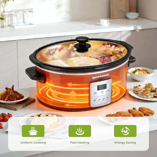 SpoonLemon 7 Quart Digital Slow Cooker with Programmable Timer, Auto Keep Warm, High Low Warm Settings, Removable Dishwasher-Safe Nonstick Pot for Easy Cleanup, with 20 Count Slow Cooker Liners - My Kitchen Products