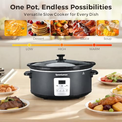 SpoonLemon 7 Quart Digital Slow Cooker with Programmable Timer, Auto Keep Warm, High Low Warm Settings, Removable Dishwasher-Safe Nonstick Pot for Easy Cleanup, with 20 Count Slow Cooker Liners - My Kitchen Products