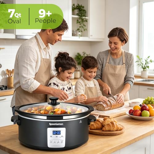SpoonLemon 7 Quart Digital Slow Cooker with Programmable Timer, Auto Keep Warm, High Low Warm Settings, Removable Dishwasher-Safe Nonstick Pot for Easy Cleanup, with 20 Count Slow Cooker Liners - My Kitchen Products