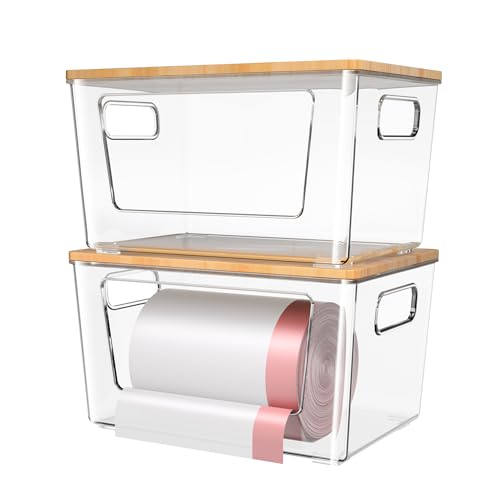 spospo 2 Pack Trash Bag Holder with Bamboo Lid, Stackable Trashbag