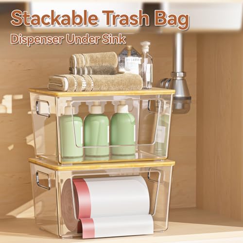 spospo 2 Pack Trash Bag Holder with Bamboo Lid, Stackable Trashbag Dispenser, Extra Large Garbage Bag Holder for Kitchen Laundry Room Under Sink Organization and Storage - My Kitchen Products