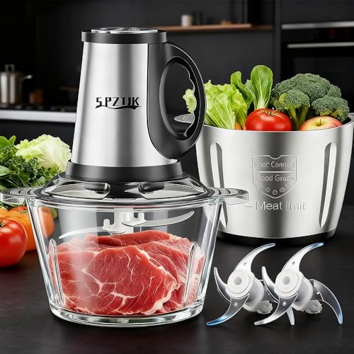 SPZTJK 3-Speed Electric Food Processor: Meat Grinder, Vegetable Chopper & Baby Food Maker - 300W, 2 Bowls (8 Cup Stainless Steel+8 Cup Glass), Quiet Operation - My Kitchen Products