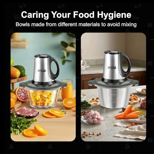 SPZTJK 3-Speed Electric Food Processor: Meat Grinder, Vegetable Chopper & Baby Food Maker - 300W, 2 Bowls (8 Cup Stainless Steel+8 Cup Glass), Quiet Operation - My Kitchen Products