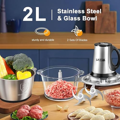 SPZTJK 3-Speed Electric Food Processor: Meat Grinder, Vegetable Chopper & Baby Food Maker - 300W, 2 Bowls (8 Cup Stainless Steel+8 Cup Glass), Quiet Operation - My Kitchen Products
