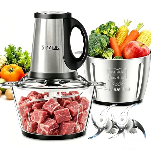 SPZTJK 3-Speed Electric Food Processor: Meat Grinder, Vegetable Chopper & Baby Food Maker - 300W, 2 Bowls (8 Cup Stainless Steel+8 Cup Glass), Quiet Operation - My Kitchen Products