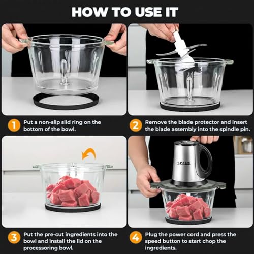 SPZTJK 3-Speed Electric Food Processor: Meat Grinder, Vegetable Chopper & Baby Food Maker - 300W, 2 Bowls (8 Cup Stainless Steel+8 Cup Glass), Quiet Operation - My Kitchen Products
