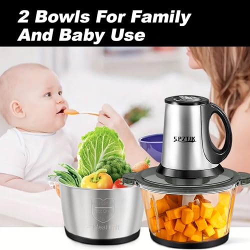 SPZTJK 3-Speed Electric Food Processor: Meat Grinder, Vegetable Chopper & Baby Food Maker - 300W, 2 Bowls (8 Cup Stainless Steel+8 Cup Glass), Quiet Operation - My Kitchen Products